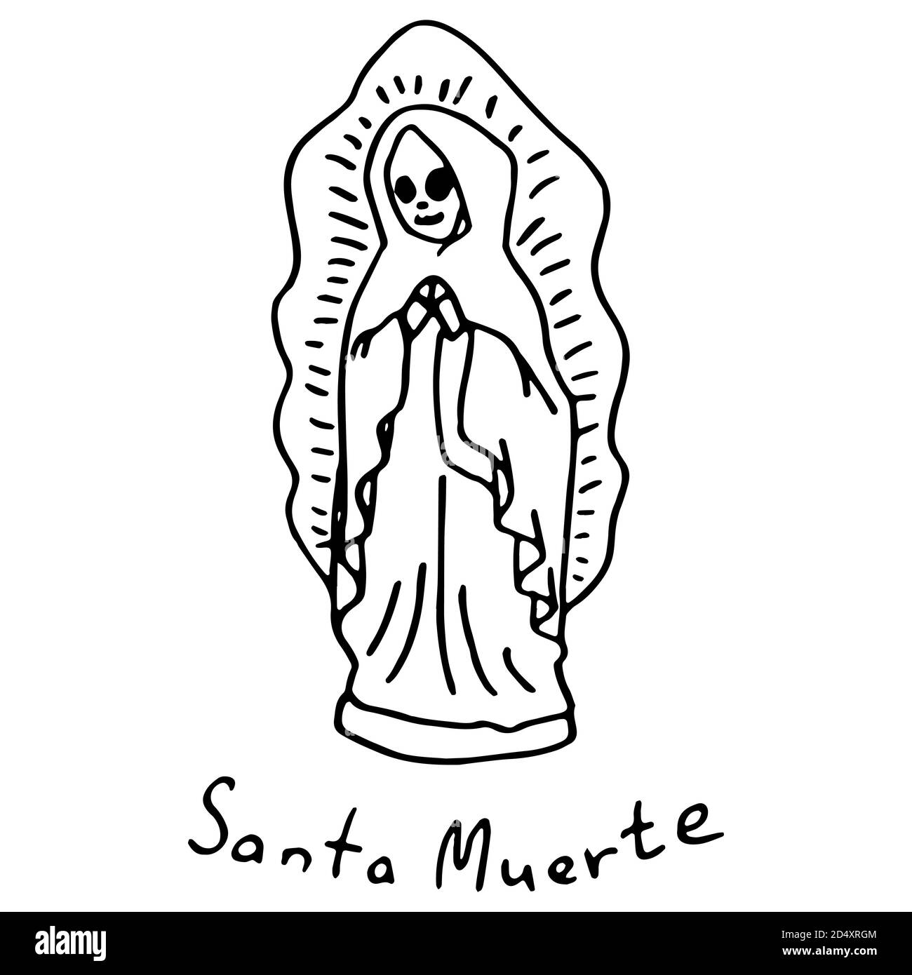 Dead Woman Statue auf weißen isolierten Hintergrund. Santa muerte Statuette für Einladung oder Geschenkkarte, Notizbuch, Badetuch, Sammelalbum. Telefontasche oder -Tuch Stock Vektor