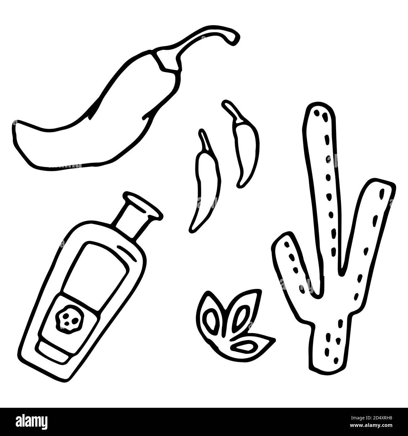Tequila und Chilli auf weißem Hintergrund isoliert. Santa muerte Kaktus für Einladung oder Geschenkkarte, Notizbuch, Badetuch, Sammelalbum. Telefontasche oder Kl Stock Vektor