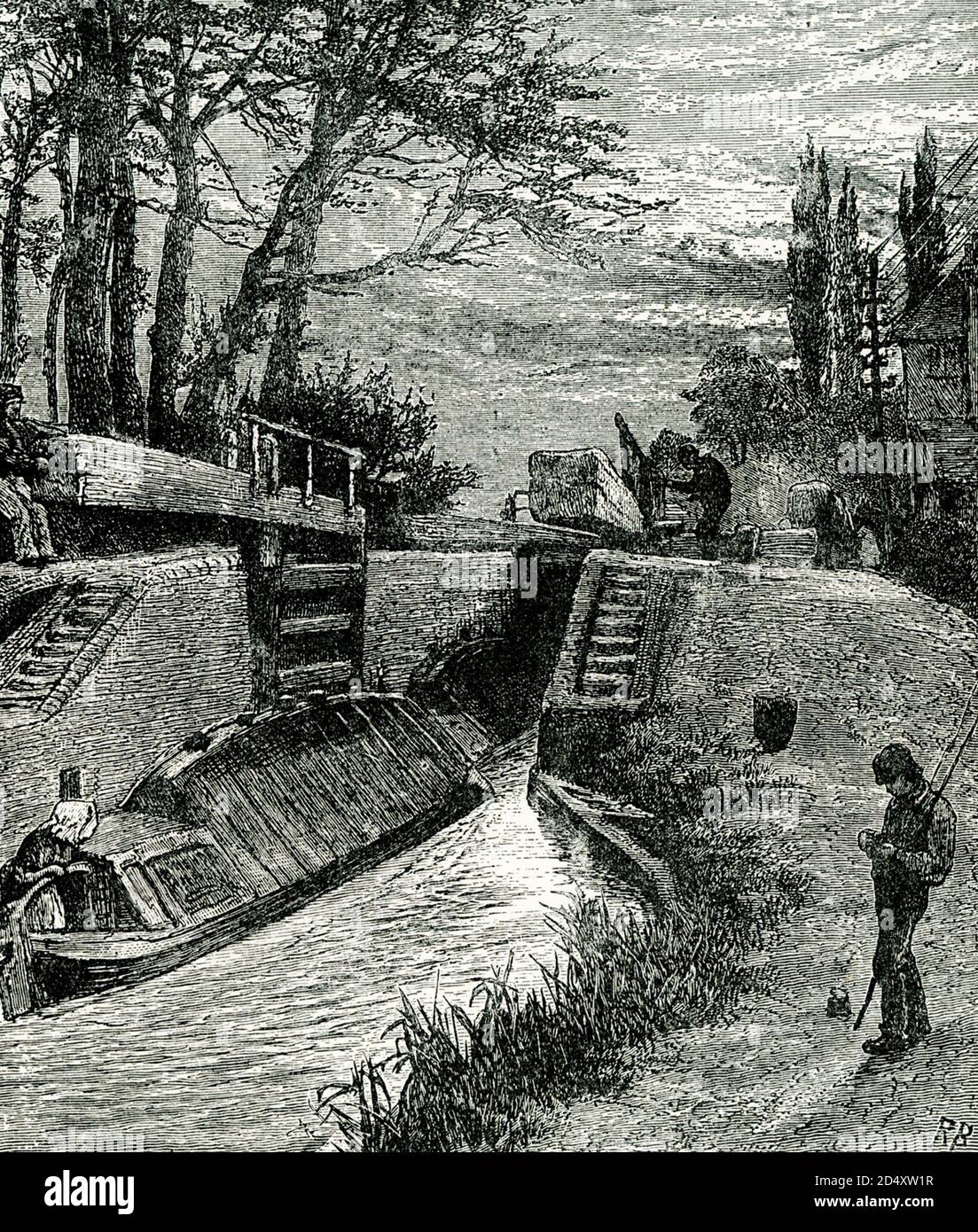 Diese Abbildung trägt den Titel On the Canal at Berkhampstead. Der Grand Union Canal durchschneidet das Herz der Stadt Berkhampsted (auch Berkhampstead genannt) in England. Francis Egerton, Herzog von Bridgewater (der Grachtenduke), Vater der Binnenschifffahrt, lebte in Ashridge, in der Nähe von Berkhamsted. In seiner Erinnerung wurde das Nationaldenkmal für das Kanalsystem errichtet, das heute mitten in der Parklandschaft des Ashridge National Trust steht. Der Grand Junction Canal von der Themse bei Brentford nach Berkhamsted wurde 1798 fertiggestellt und ging 1805 bis nach Birmingham. Stockfoto