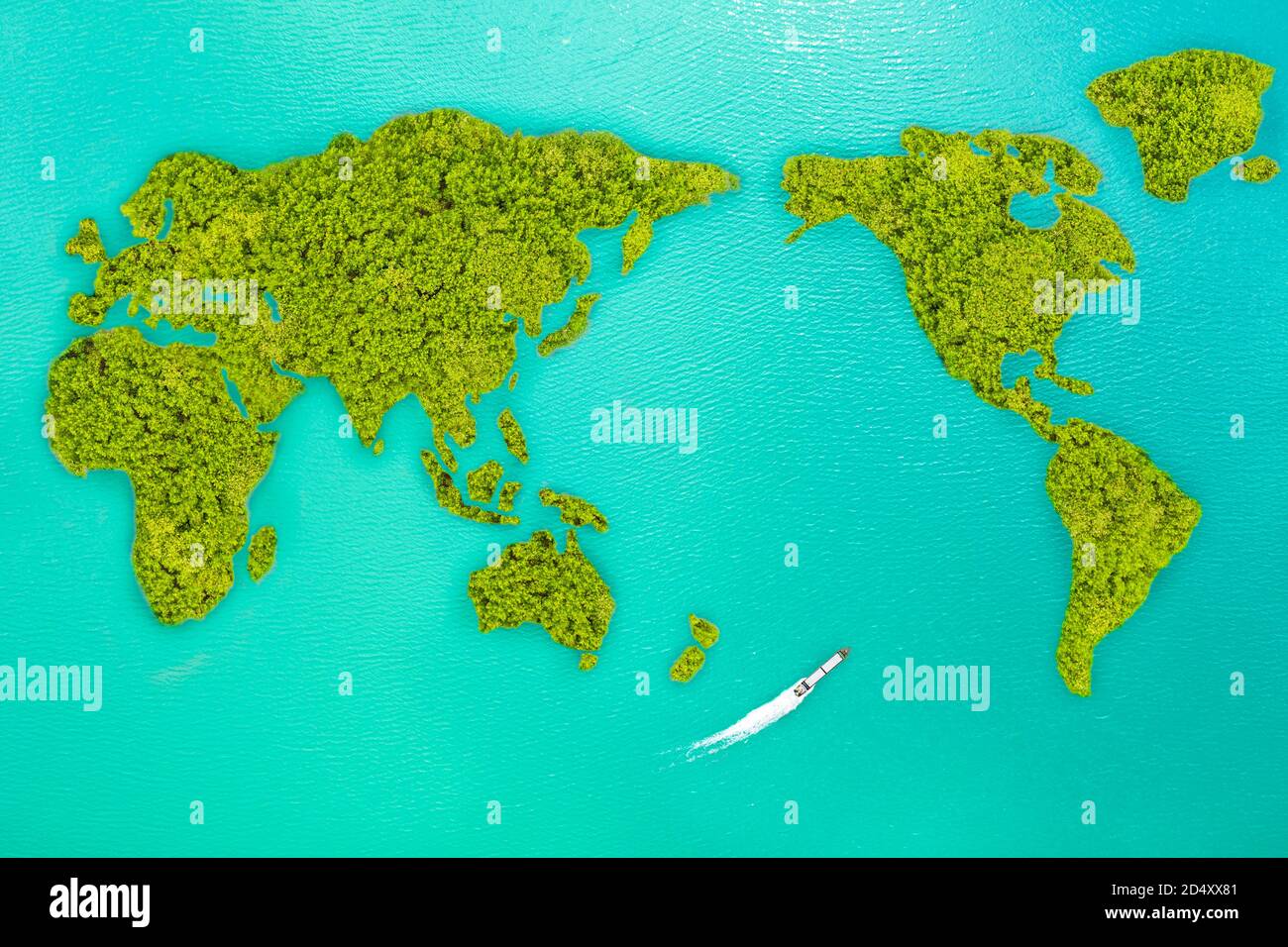 Luftaufnahme kleine grüne Insel, die Form sieht aus wie Welt Karte und Frachtschiff passieren Stockfoto