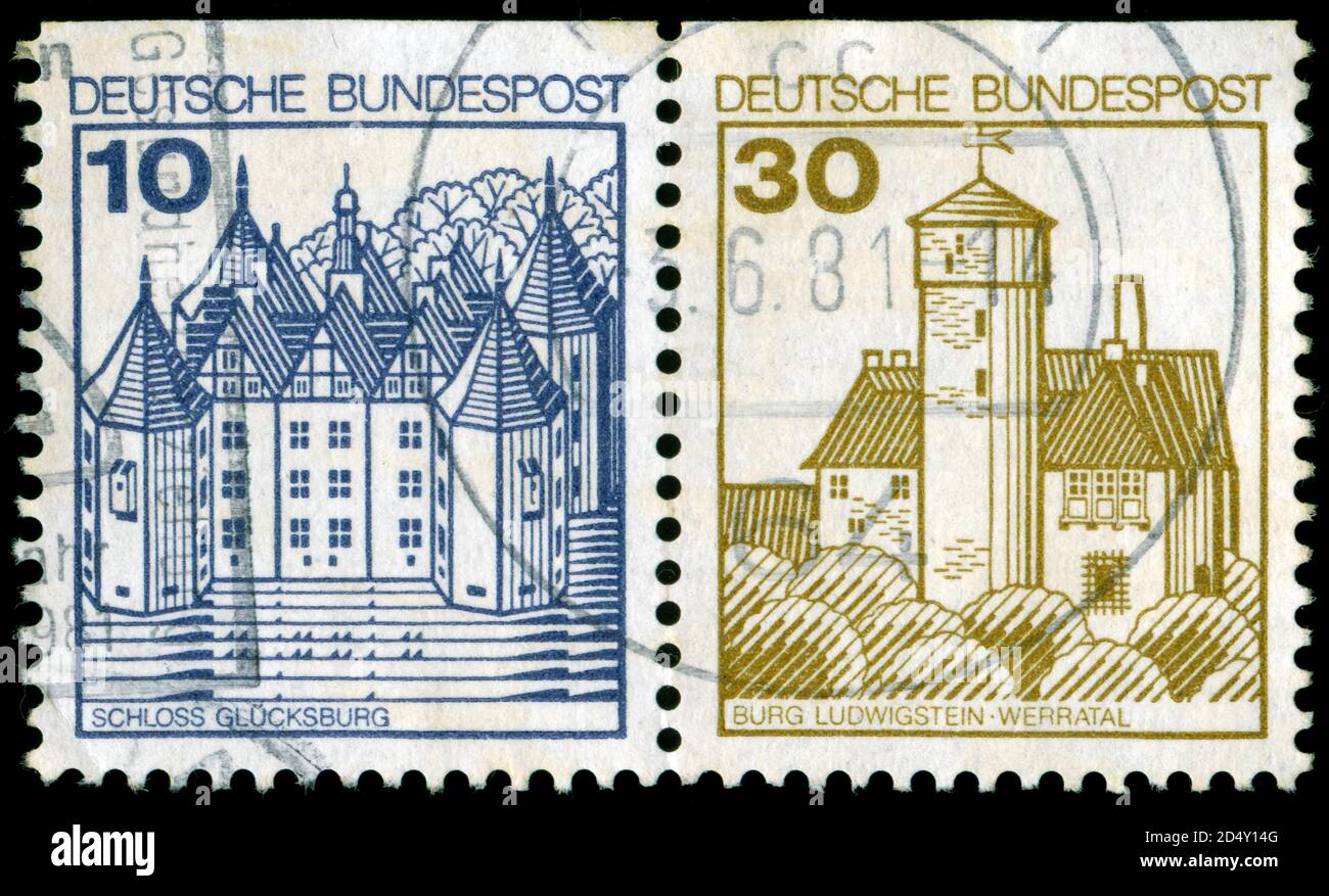 Briefmarken aus der Bundesrepublik Deutschland in der Festungen und Schlösser Serie im Jahr 1980 ausgestellt Stockfoto