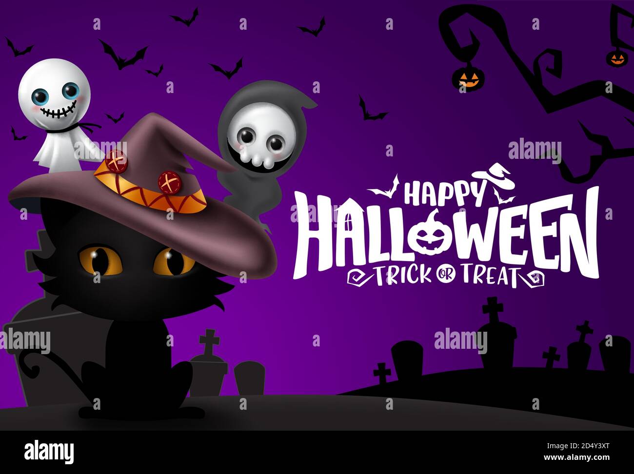 Halloween Hintergrund Vektor Banner Design. Happy halloween Grußtext mit Katze Silhouette, Geist und grimmige Reaper Zeichen in gruseligen Friedhof. Stock Vektor