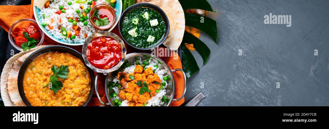 Traditionelle indische Küche. Indische Rezepte Essen verschiedene. Draufsicht, Kopierbereich. Panorama, Banner Stockfoto