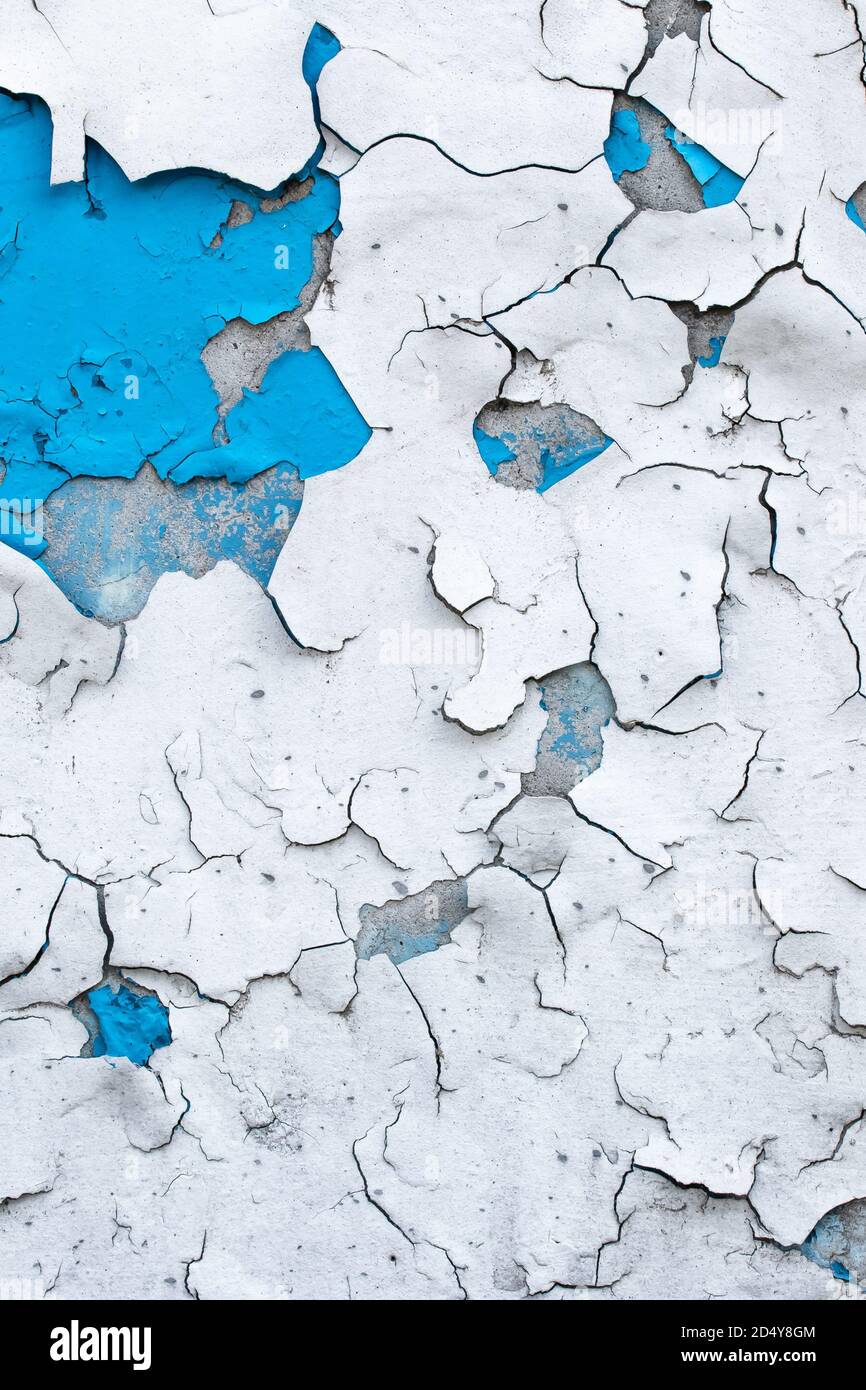 Abblätternde Farbe an der alten Betonwand. Rissiger Putz, schuppiger Stuck. Blau und weiß bemalter abstrakter Hintergrund, Grunge-Oberfläche, Mustertextur. Dreckig Stockfoto