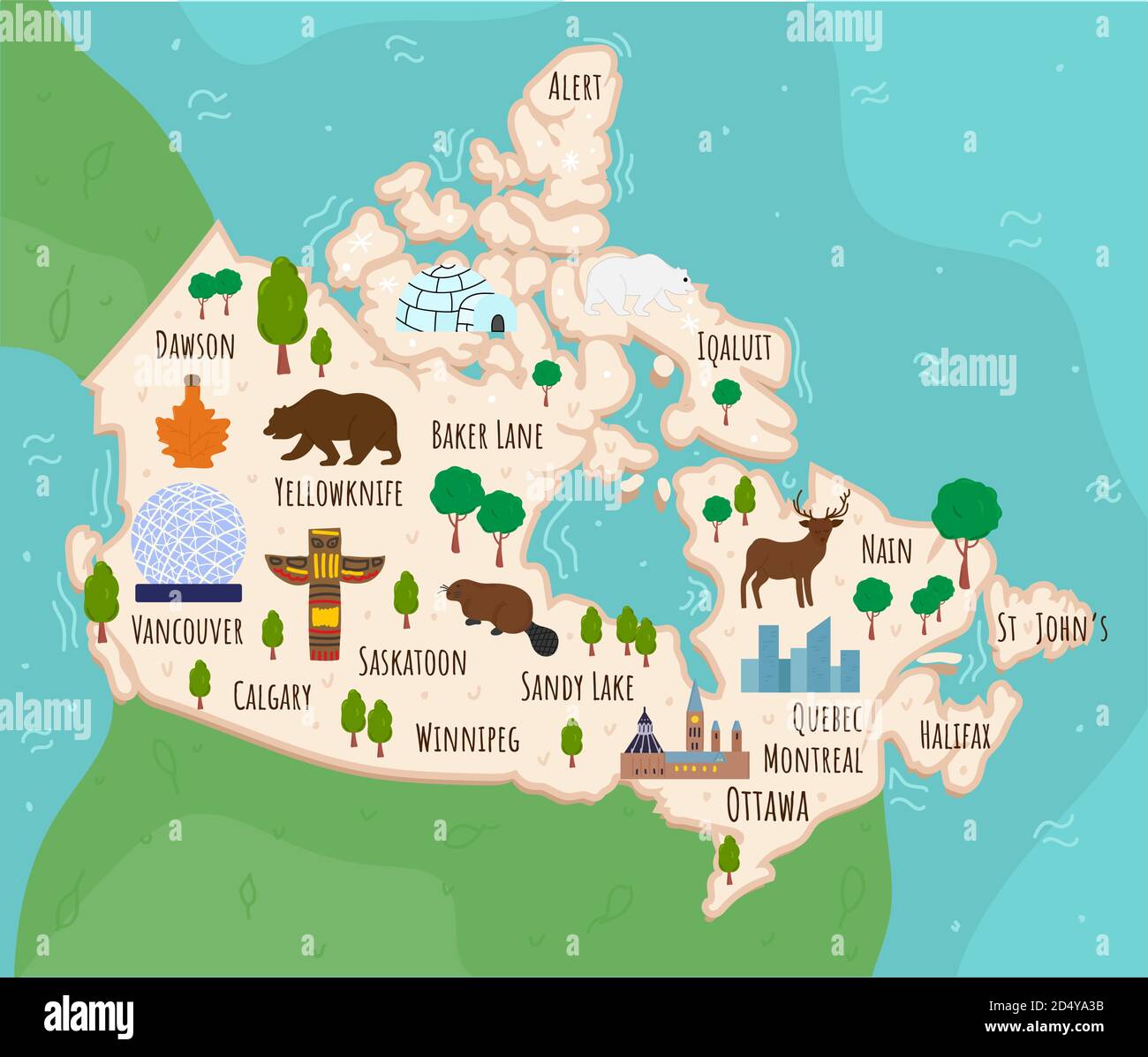 Cartoon-Karte von Kanada. Reisebilder mit kanadischen Sehenswürdigkeiten, Gebäuden, Lebensmitteln und Pflanzen. Lustige Touristen Infografiken. Nationale Symbole. Berühmt Stock Vektor