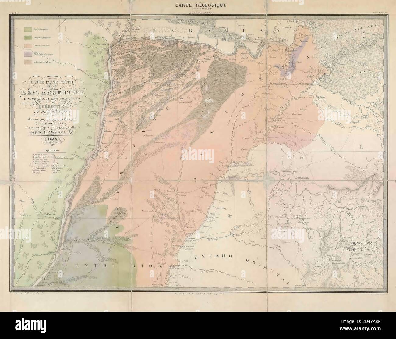 Geologische Karte Argentiniens [Argentiniens] aus dem Buch 'Voyage dans l'Amérique Méridionale' [Reise nach Südamerika: (Brasilien, die östliche republik Uruguay, die argentinische Republik, Patagonien, die republik Chile, die republik Bolivien, die republik Peru), ausgeführt in den Jahren 1826 - 1833] Atlas von: Orbigny, Alcide Dessalines d', d'Orbigny, 1802-1857; Montagne, Jean François Camille, 1784-1866; Martius, Karl Friedrich Philipp von, 1794-1868 Veröffentlicht Paris :Chez Pitois-Levrault. Veröffentlicht 1846-1847 in Paris Stockfoto