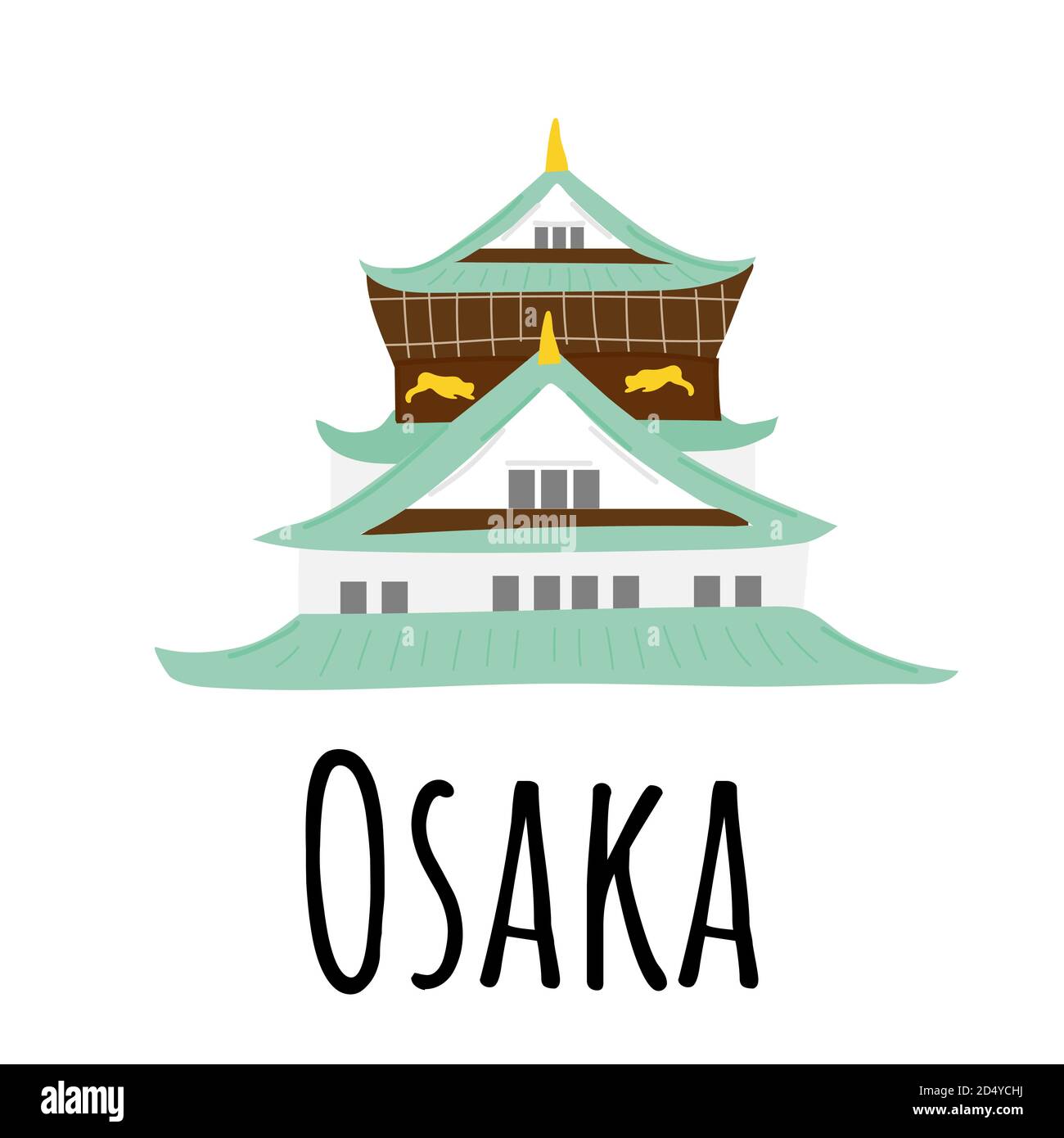 Osaka-Tempel. Grüne und weiße Dekorationen. China Kultur und Religion. Handgezeichnete Vektorgrafik isoliert auf weißem Hintergrund. Stock Vektor