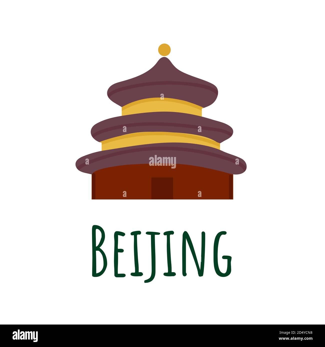 Peking-Tempel mit gelben Elementen isoliert auf weißem Hintergrund. Handgezeichnetes religiöses Gebäude. Stock Vektor
