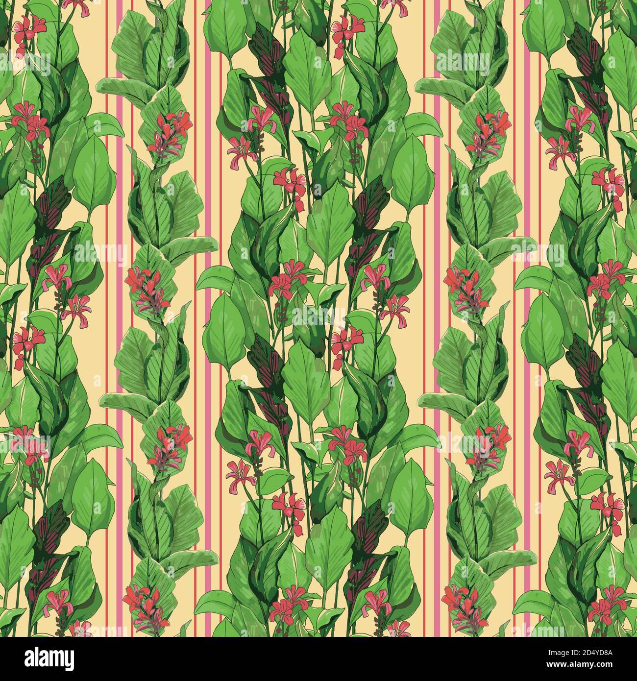 Nahtloses Tropenmuster. Abbildung der Blätter von der Palme. Moderne Grafiken. Rote Canna, ein florales tropisches Muster mit Streifen Stock Vektor
