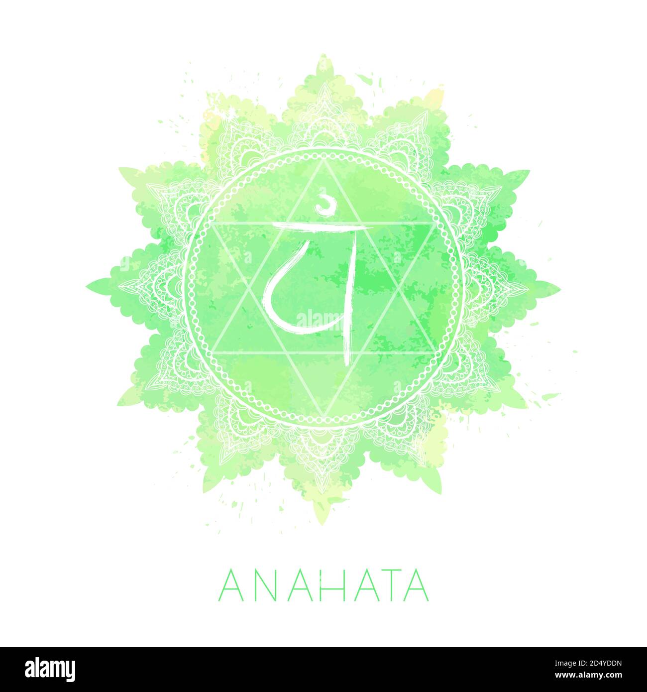 Vektor-Illustration mit Symbol Chakra Anahata und Aquarell-Element auf weißem Hintergrund. Kreis-Mandala-Muster und handgezeichnete Schriftzüge. Farbig. Stock Vektor
