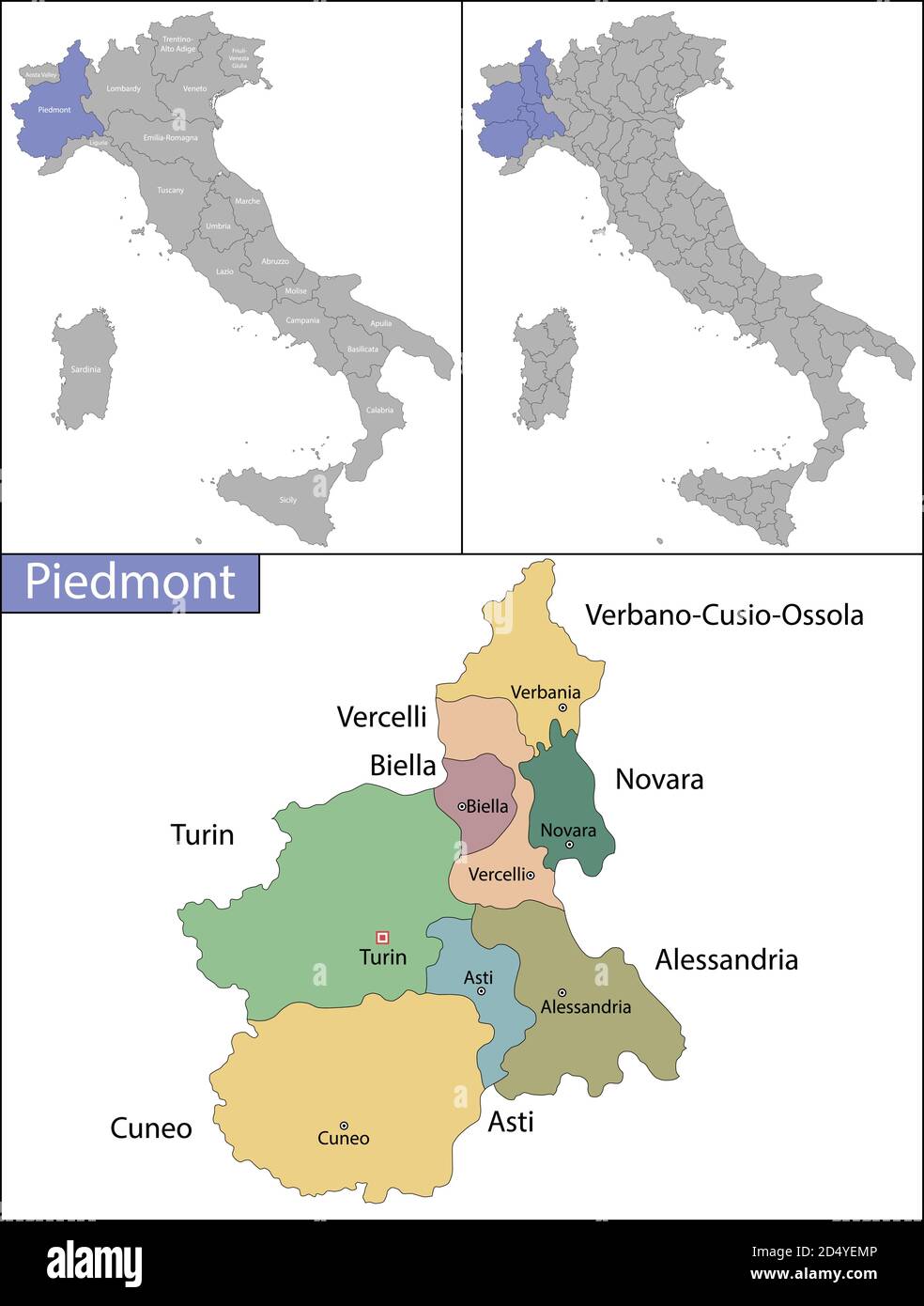 Piemont ist eine Region im Nordwesten Italiens Stock Vektor