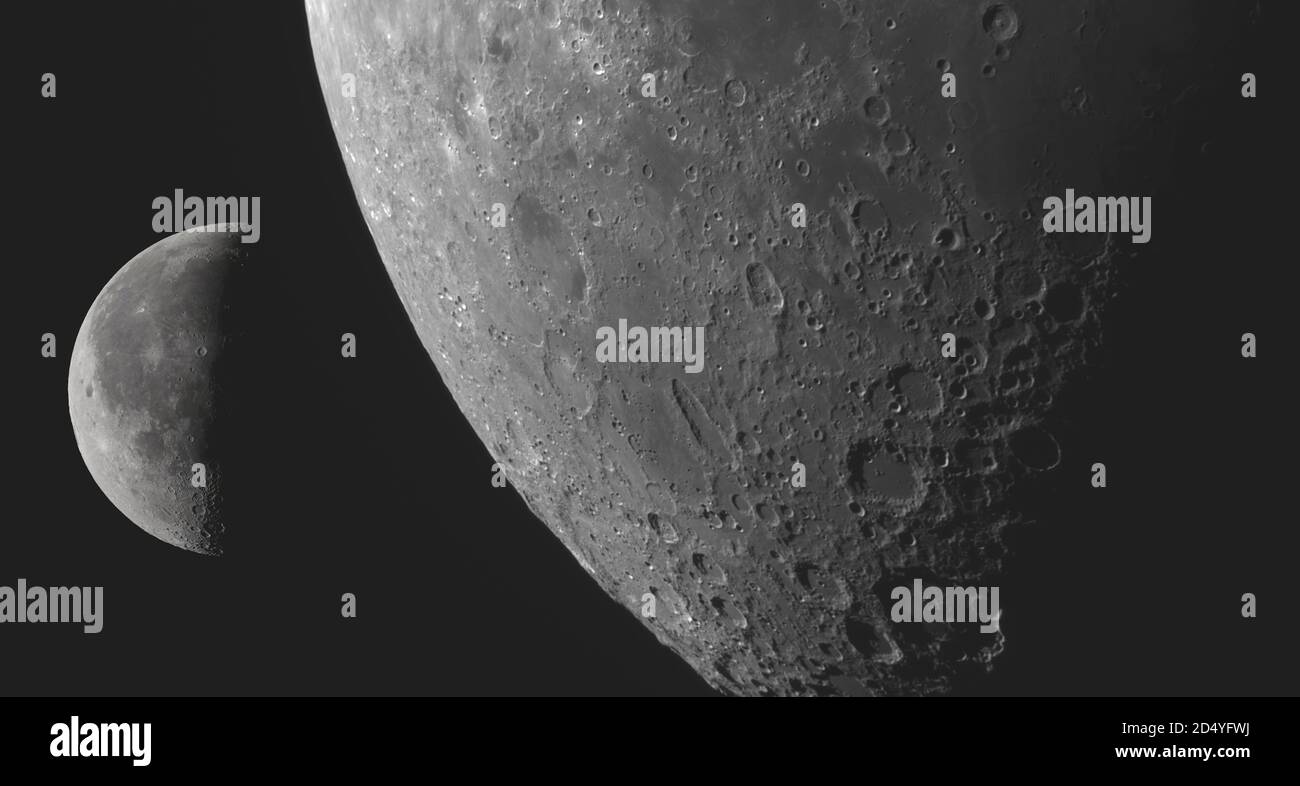 London, Großbritannien. 10. Oktober 2020. Zusammengesetztes Bild der Mondphase des letzten Quartals, 45% beleuchtet, und detaillierte Nahaufnahme des südwestlichen Gliedes mit Mare Humorum, oberer Mitte und großem Krater Clavius unten rechts. Kredit: Malcolm Park/Alamy Stockfoto