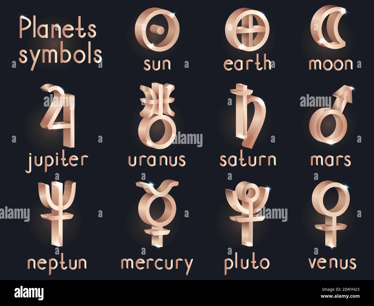 Vektor-Set von 3d astrologischen Planeten Symbole. Goldzeichen-Sammlung: Sonne, Erde, Mond, saturn, uranus, neptun, jupiter, venus, mars, pluto, Quecksilber. Stock Vektor