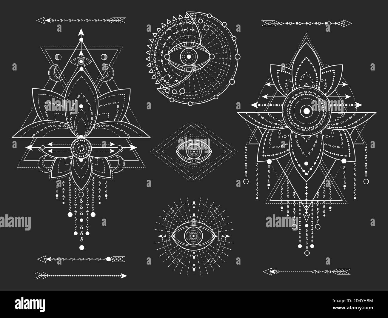 Vektor-Kit von Heiligen geometrischen und natürlichen Symbolen auf schwarzem Hintergrund. Abstrakte Mystic Signs Kollektion. Weiße lineare Formen. Für Sie Design oder Modder Stock Vektor