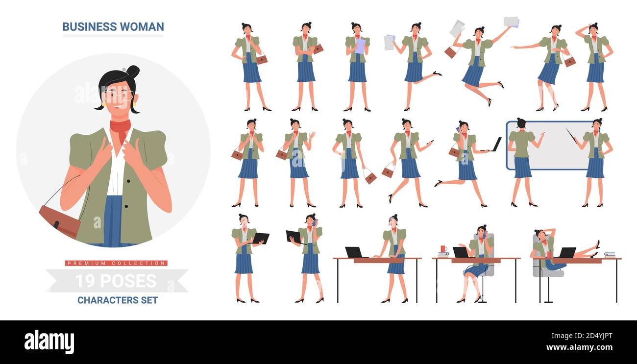 Business Frau arbeiten Posen Infografik Vektor Illustration Set. Cartoon Wohnung beschäftigt weibliche Figur auf Business-Arbeit mit Laptop oder Studie in verschiedenen Haltungen, stehend und läuft isoliert auf weiß Stock Vektor