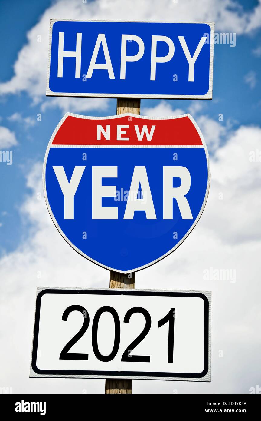 Hapy Neujahr 2021 geschrieben auf amerikanischen Straßenschild Stockfoto