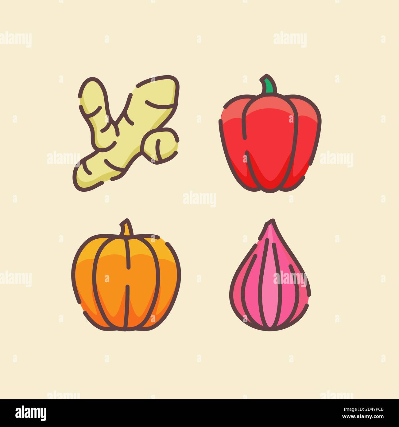 Gewürz Symbol Set Sammlung Ingwer Paprika Kürbis Zwiebel weiß isoliert Hintergrund mit Farbe flache Umrisse Stil Stock Vektor