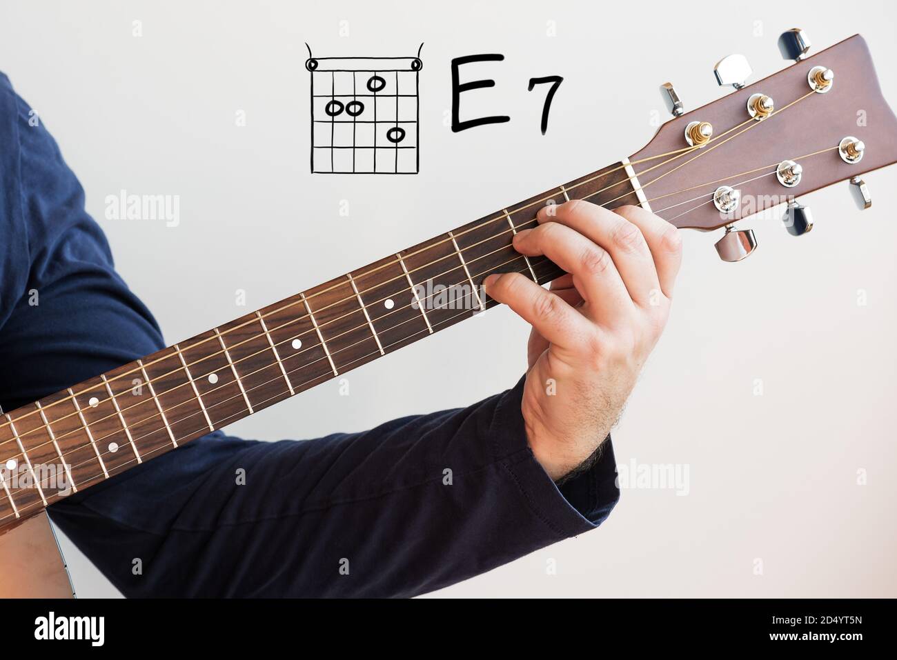 Gitarre lernen - Mann in einem dunkelblauen Hemd spielen Gitarre Akkorde  auf Whiteboard angezeigt, Chord E 7 Stockfotografie - Alamy