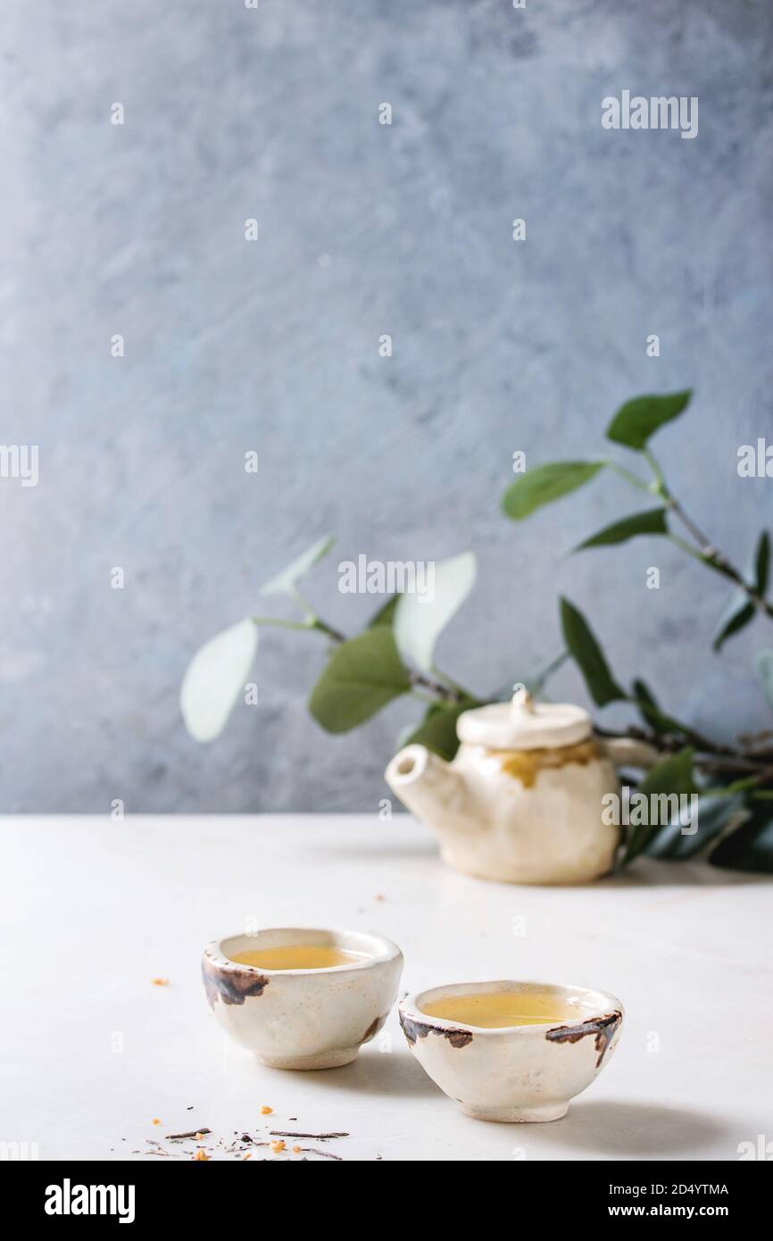 Hot grüner Tee in zwei traditionelle chinesische Ton Keramik Tasse und Kännchen auf weißem Marmor tisch. Mit grünen Zweig im Hintergrund. Stockfoto