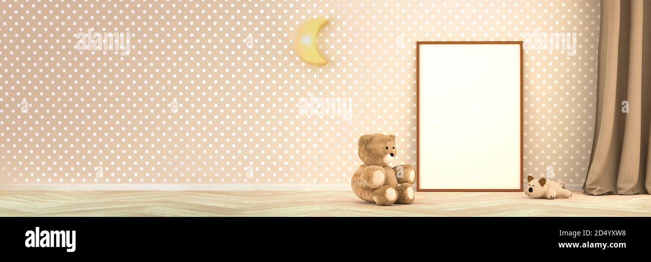 Kinderzimmer Innenmockup mit leerem Bilderrahmen (70x100cm). Teddybär, Katzenspielzeug, Mondlampe, Vorhang. Gepunktete cremefarbene Wand und Holzf Stockfoto