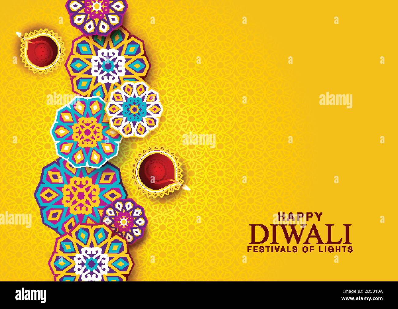 Happy Diwali Feier Hintergrund. Draufsicht auf Banner-Design mit beleuchteten Öllampen auf gemusterten gelben Hintergrund dekoriert. vektor illustratio Stock Vektor