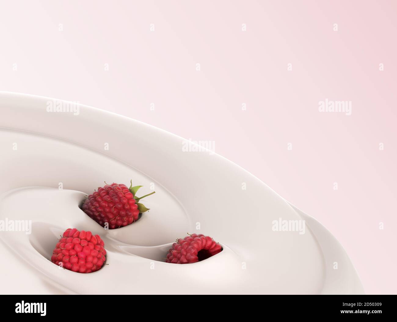 Himbeeren schweben in einem Joghurt Präsentation von Milchprodukten gewürzt 3d-Rendern von Bildern auf Farbverlauf Stockfoto