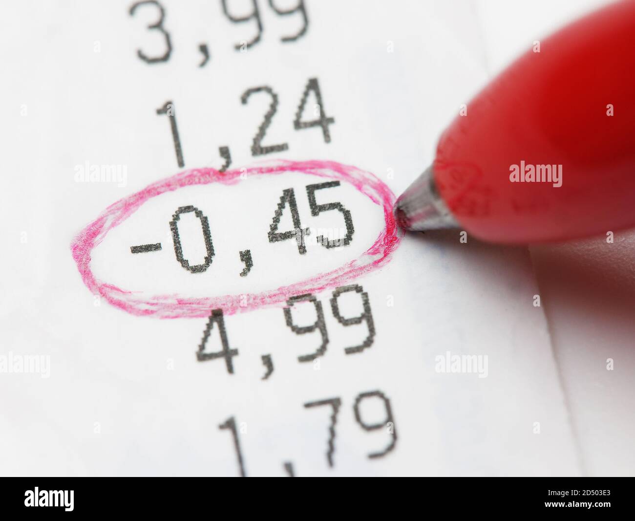 Closeup roter Stift umkreist negative Nummer auf Rechnung oder Beleg Stockfoto