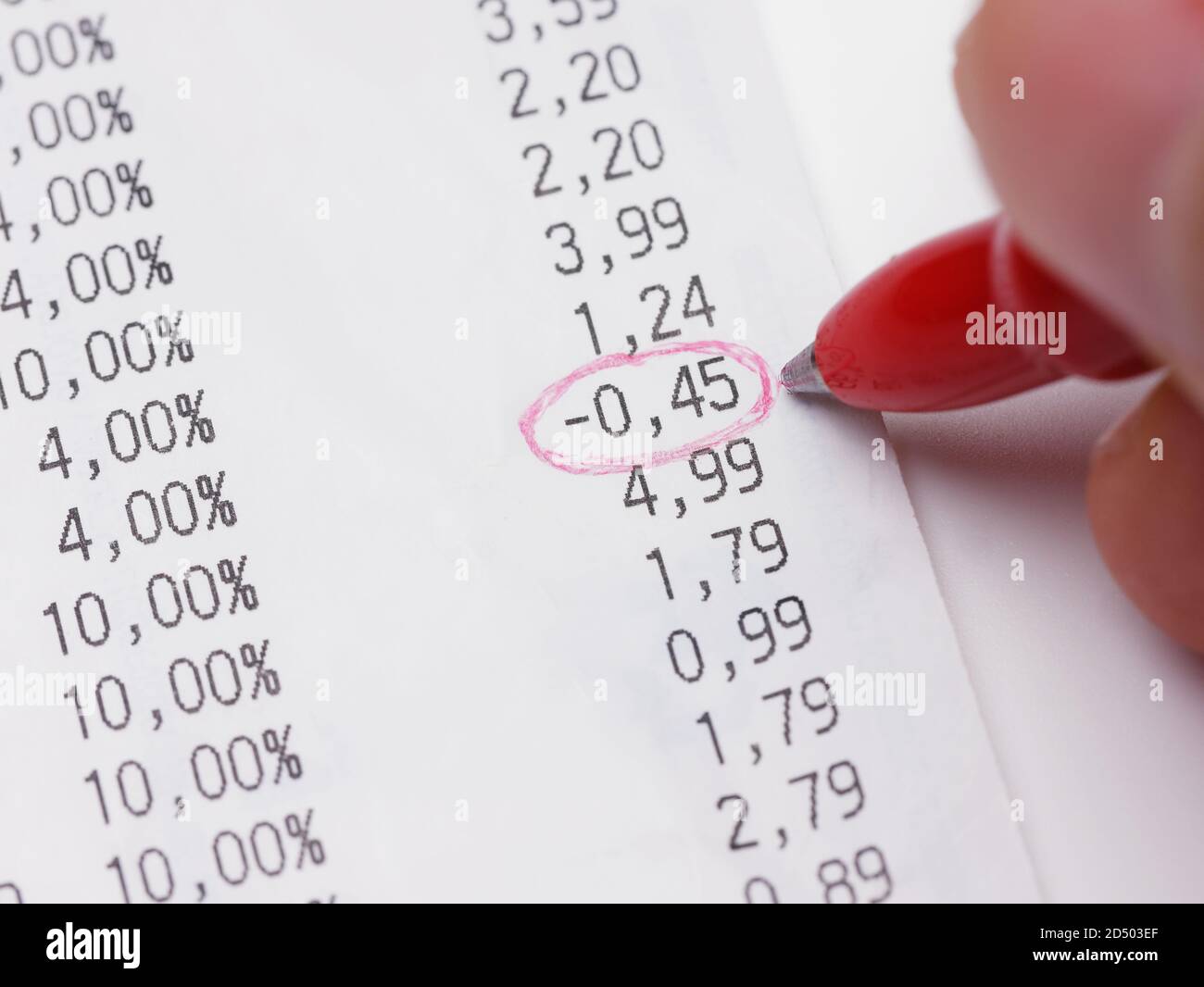 Closeup Check Einkaufsrechnung Quittung rot Stift umkreisen negative Zahl Stockfoto