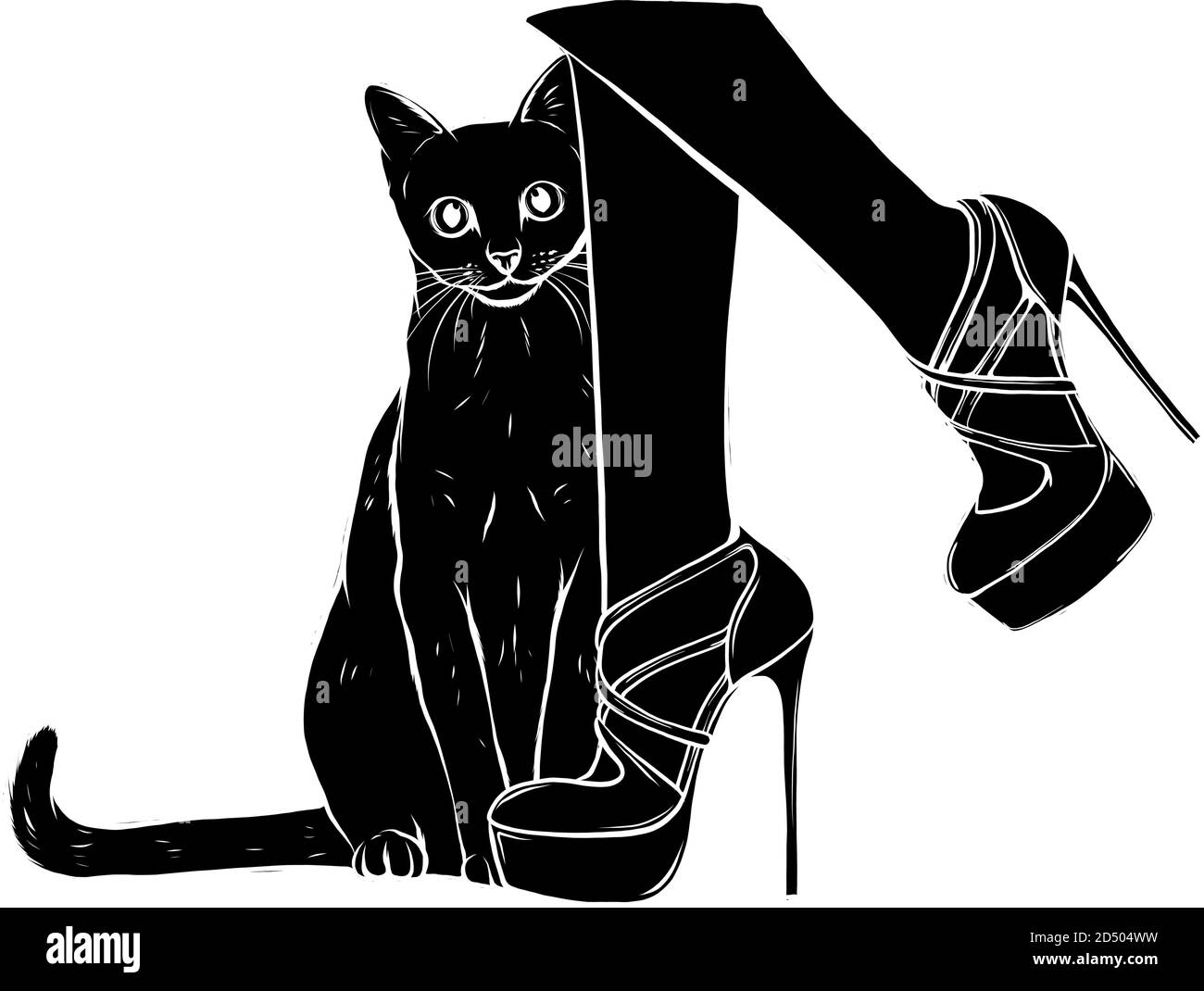 Hexenfüße in gestreiften Socken und Schuhen und einem schwarzen Schwarze Silhouette der Katze Stock Vektor