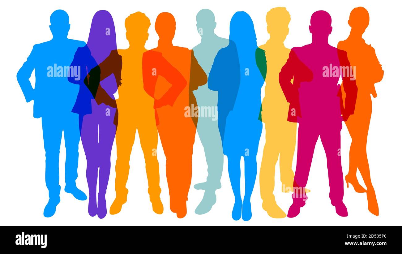 Bunte monochrome Silhouetten vieler verschiedener Menschen als Teamwork-Konzept für Unternehmen Stockfoto