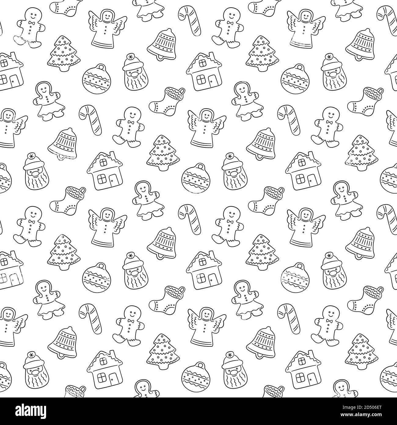 Lebkuchen zu Weihnachten. Nahtloses Muster mit Lebkuchenhaus, Mann, Engel, Glocke weihnachtsbaum. Stock Vektor