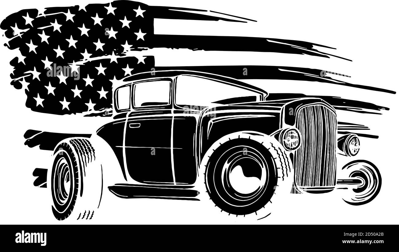 Illustration mit Hot Rod auf grunge amerikanische Flagge schwarze Silhouette Stock Vektor