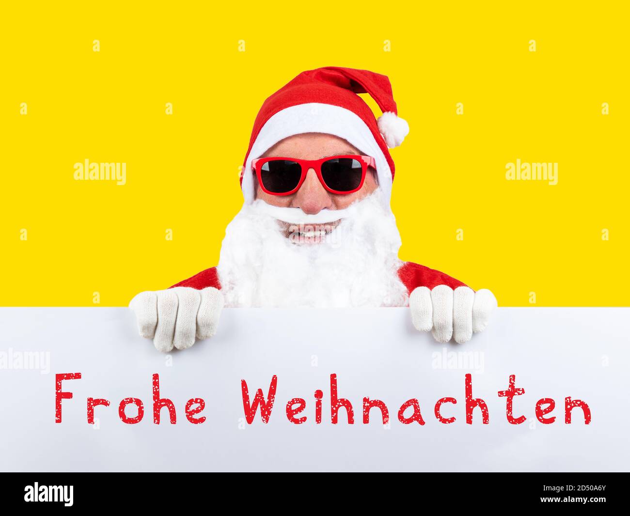 Weihnachtsmann mit Sonnenbrille und mit deutschem Text frohe