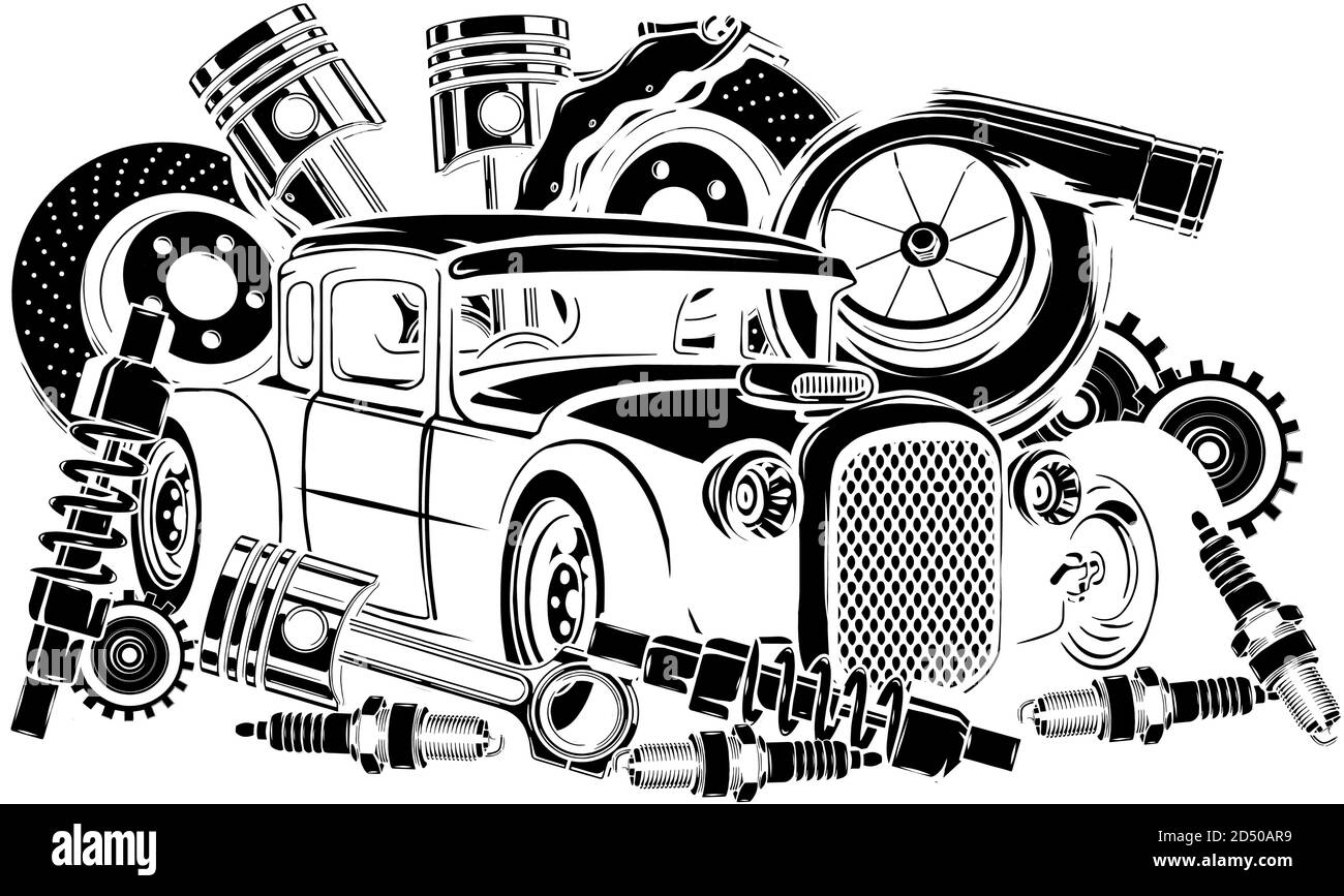 Vektor-Illustration von Car Spares Rahmen und Teile schwarz Silhouette Stock Vektor