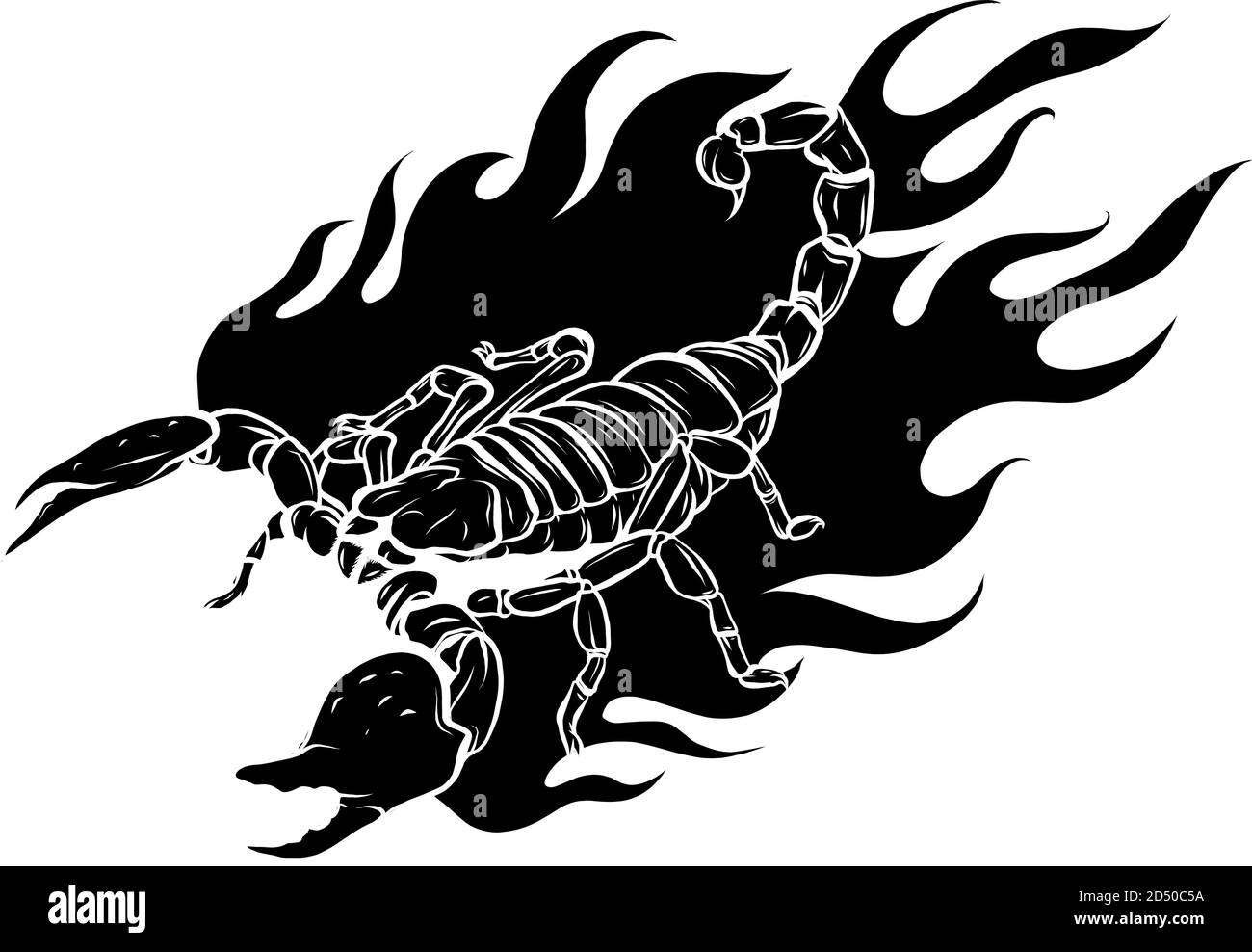Schwarz Silhouettescorpion Cartoon mit Flammen Vektor-Illustration Stock Vektor