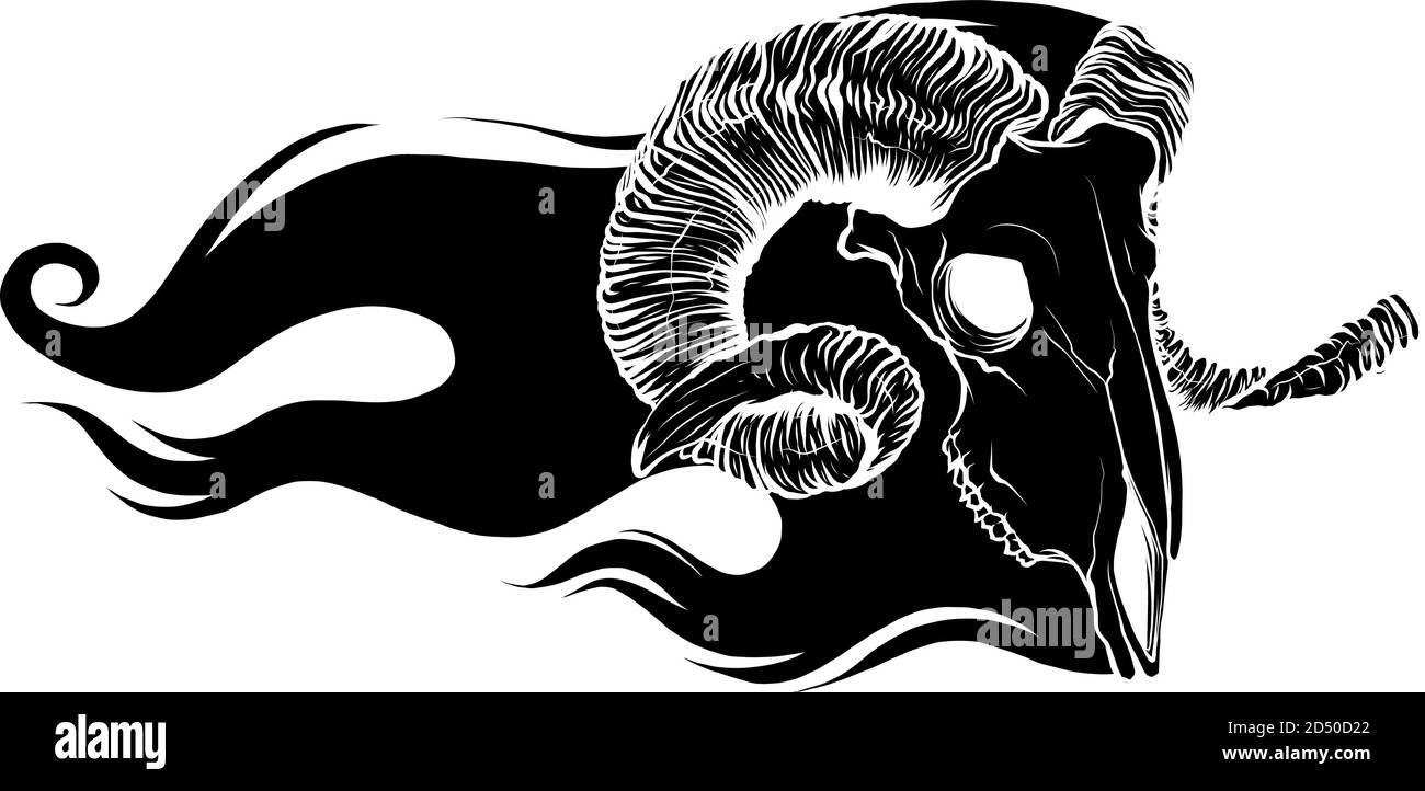 Schwarze Silhouette Ziege Schädel. Von Hand gezeichnet. Vektor. Stock Vektor
