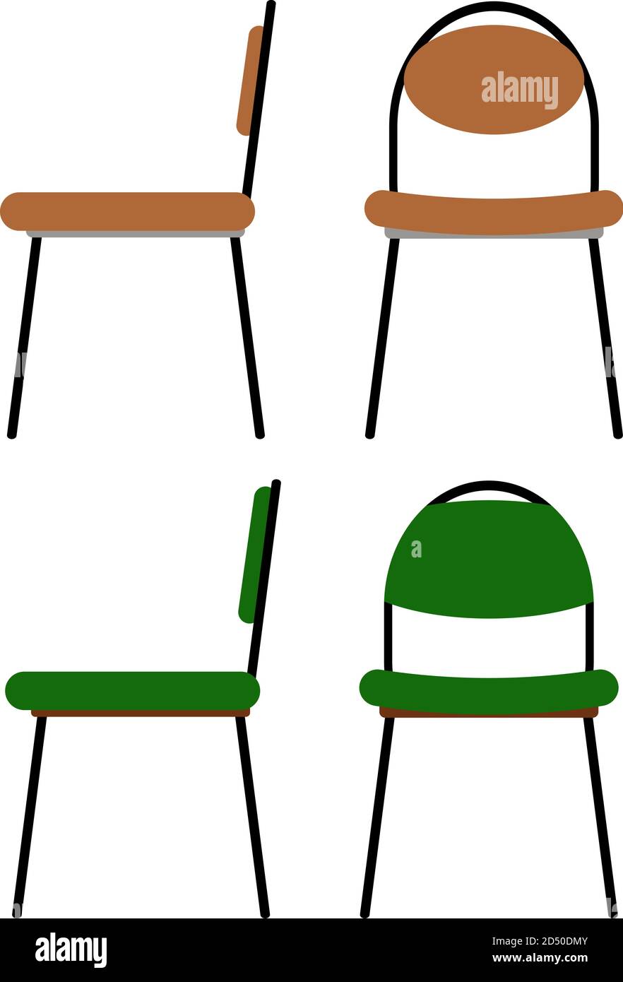 Set von Vektor-Stühlen für Büro-Arbeit Seite und Vorderansicht mit braunen und grünen Farben. Cartoon Requisiten flache Illustration isoliert auf weißem Hintergrund Stock Vektor