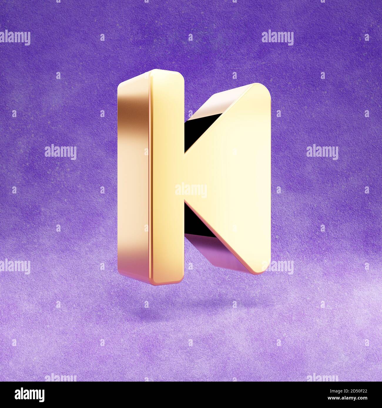 Symbol „Schritt zurück“. Gold glänzend Schritt rückwärts Symbol isoliert auf violettem Samt Hintergrund. Modernes Icon für Website, Social Media, Präsentation, Design Template Element. 3D-Rendering. Stockfoto