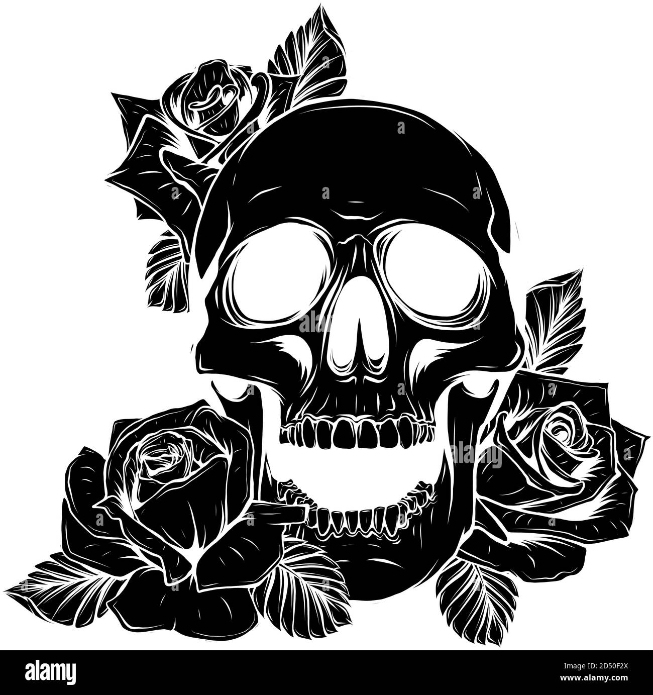 Schwarze Silhouette Vektor isolierte Illustration eines Schädels mit Rosen Und geht Stock Vektor