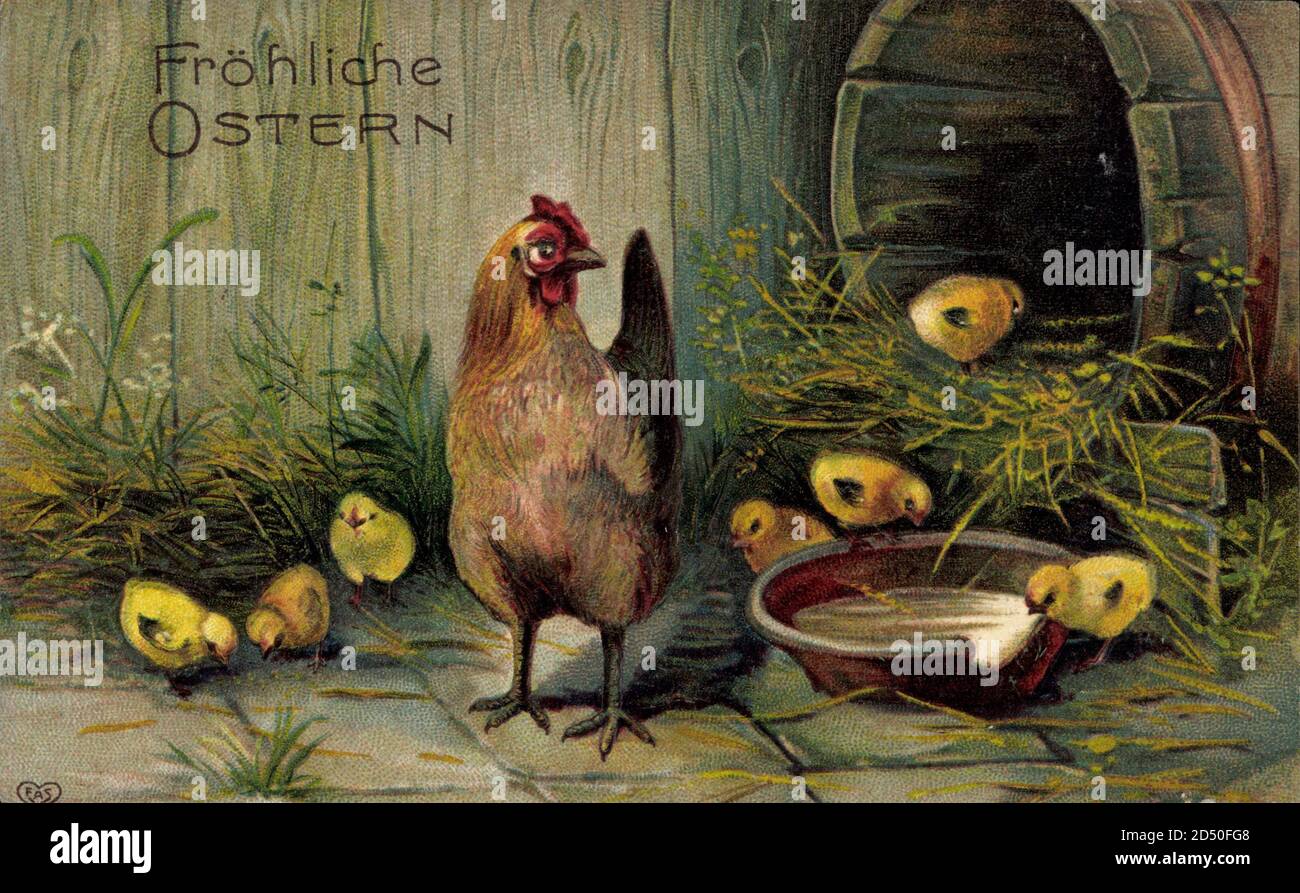 Fröhliche Ostern, Küken, Huhn, Trinkschale, Holzfass weltweit im Einsatz Stockfoto