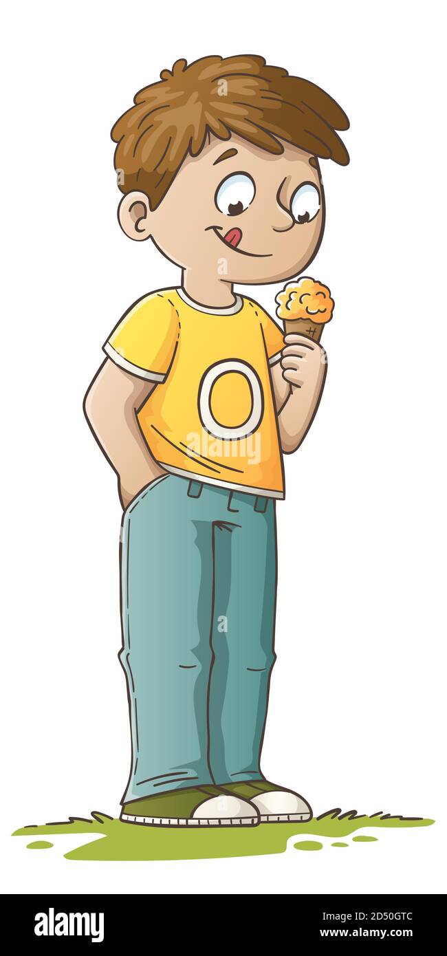 Littel Junge ist essen ein Eis Traum. Handgezeichnete Vektorgrafik mit separaten Ebenen. Stock Vektor