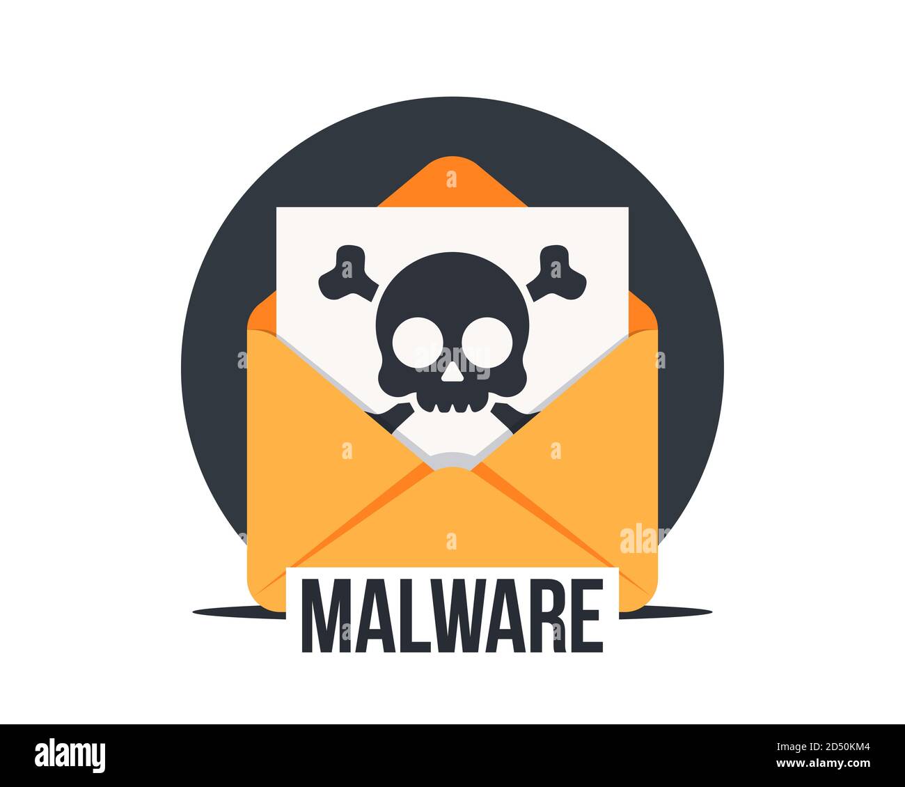 E-Mail mit Malware, Vektorsymbol. Viren, Malware, E-Mail-Betrug, E-Mail-Spam, Phishingbetrug, Hacker-Angriffskonzept. Geöffneter Briefumschlag mit infiziertem FI Stock Vektor