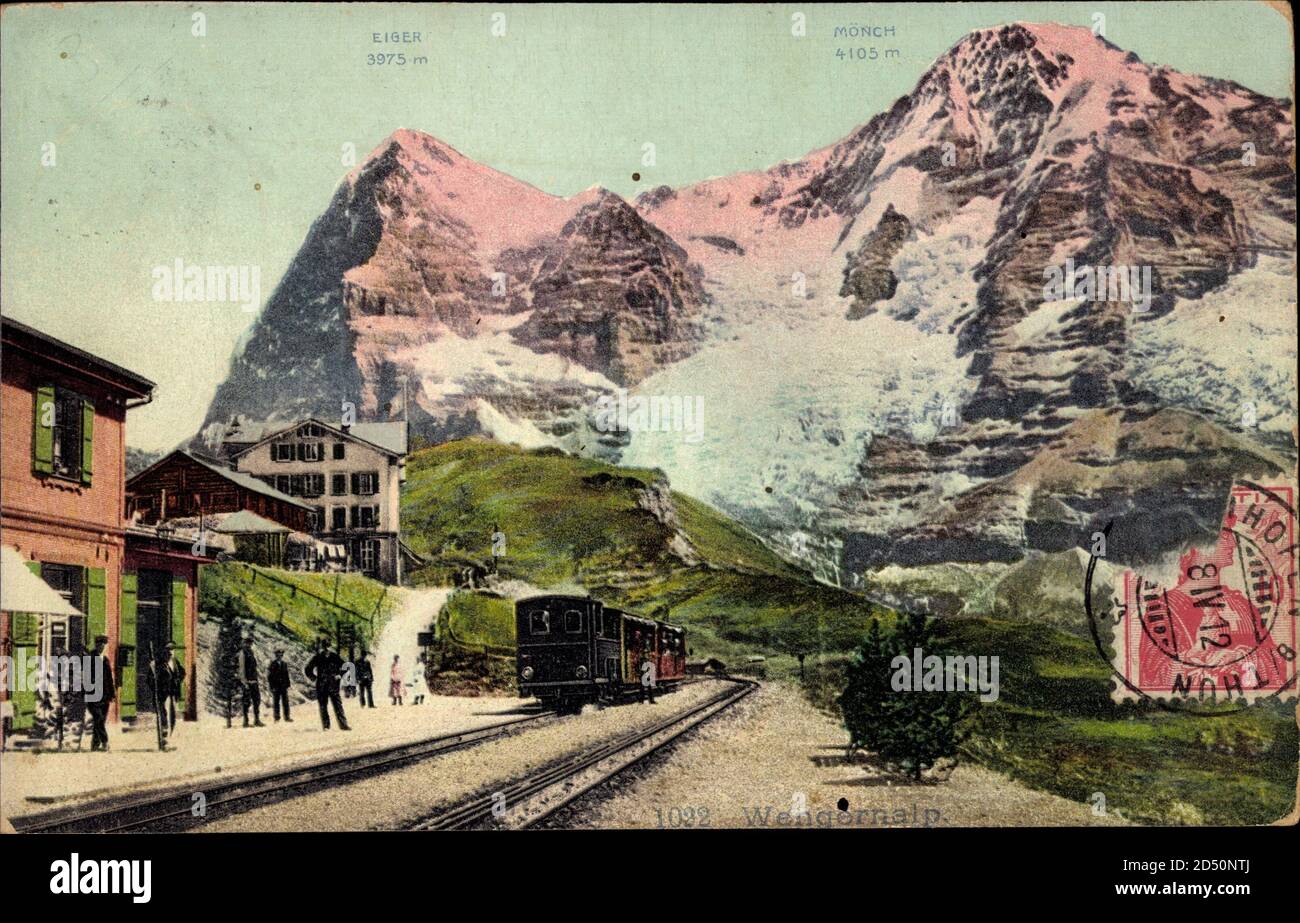 Wengen Kanton Bern, Eisenbahn, Bahnhof, Wengernalp, Mönch, Eiger weltweit im Einsatz Stockfoto