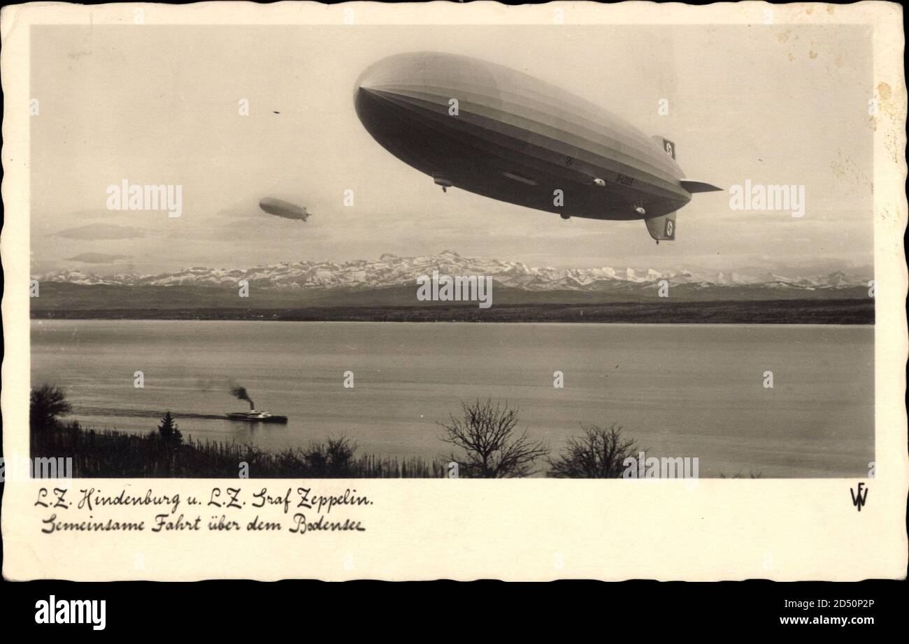 Zeppelin, LZ Hindenburg und LZ Graf Zeppelin über dem Bodensee, LZ 129,LZ 127 weltweit im Einsatz Stockfoto
