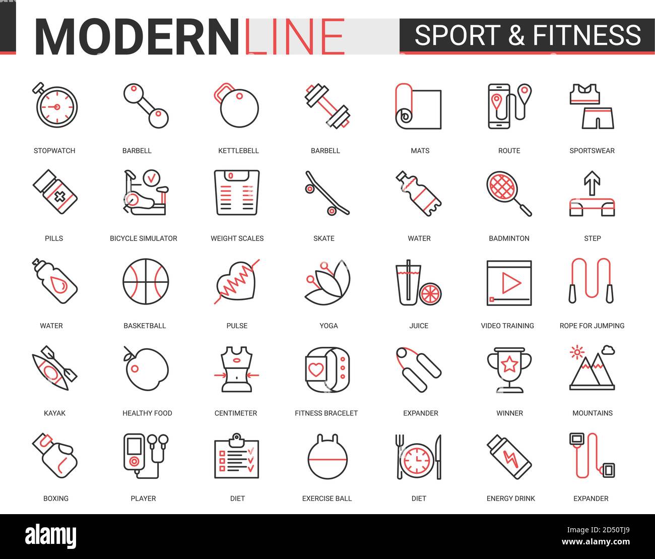 Fitness gesunde Lebensweise flach dünne rote schwarze Linie Symbol Vektor-Illustration Set mit sportlichen Sportgeräten Umriss Symbole für Sport-Übungen und Yoga-Aktivität, Training und Gesundheit Ernährung Stock Vektor