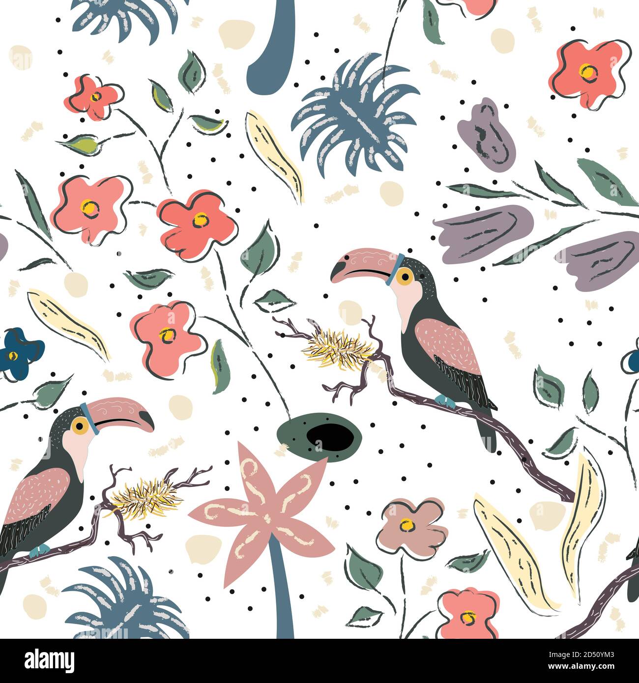 Kreative Sommer Muster mit exotischen Vögeln von Toucan auf Hintergrund mit exotischen Pflanzen, Palmen und Blumen. Vector Illustration Stock Vektor