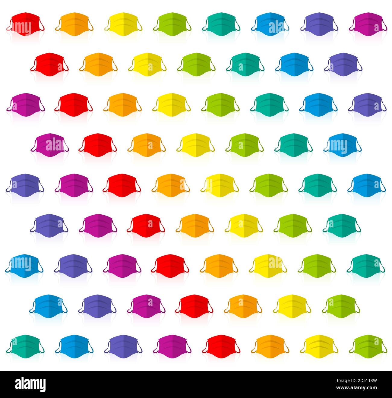 Regenbogen farbige Gesichtsmasken, bunten Hintergrund, medizinische Maske Set - Illustration auf weißem Hintergrund. Stockfoto