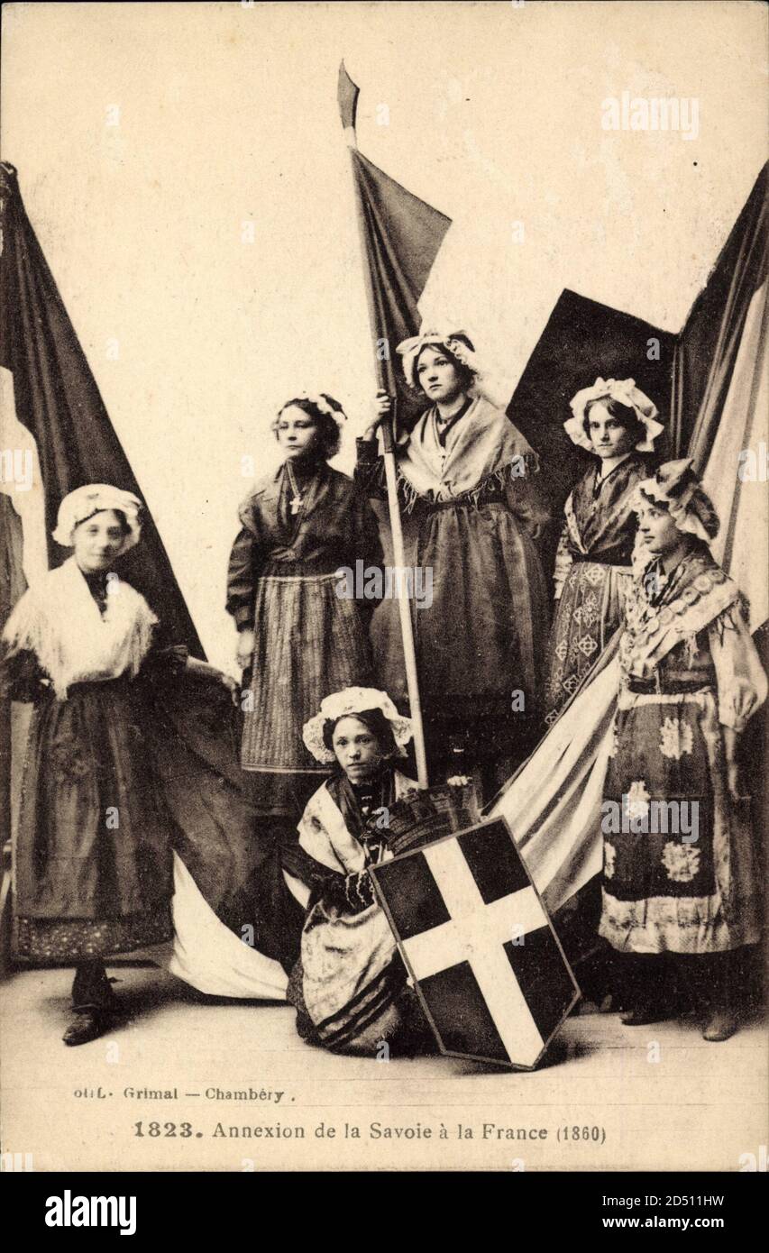 Annexion de la Savoie à la France 1860, Wappen, Trachten - weltweite Nutzung Stockfoto
