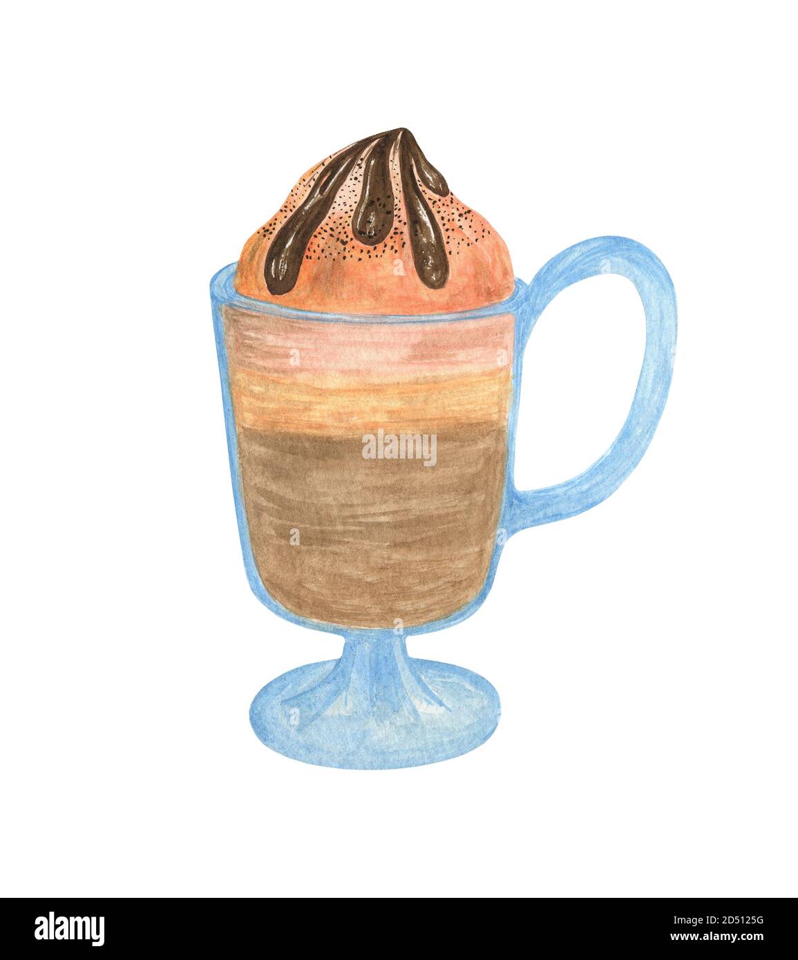 Winter Heißgetränk mit Schlagsahne in einem transparenten Glas Tasse Aquarell Illustration von Lebensmitteln Dessert Bild, Menü, Grußkarte, Winterurlaub Feier Design in Hand gezeichnet Stil Stockfoto