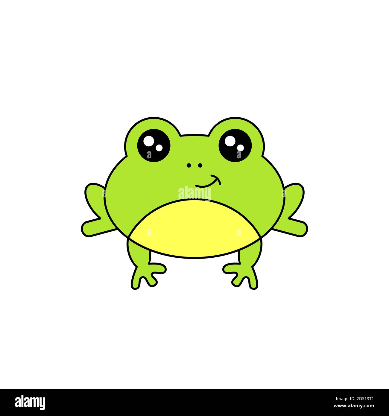 Niedlicher Frosch lächelt. Kawaii Stil Frosch Zeichnung. Baby Frosch suchen neugierig. Lustige minimalistische Zeichentrickfigur. Isoliert auf weißem Hintergrund. Vektor Stock Vektor